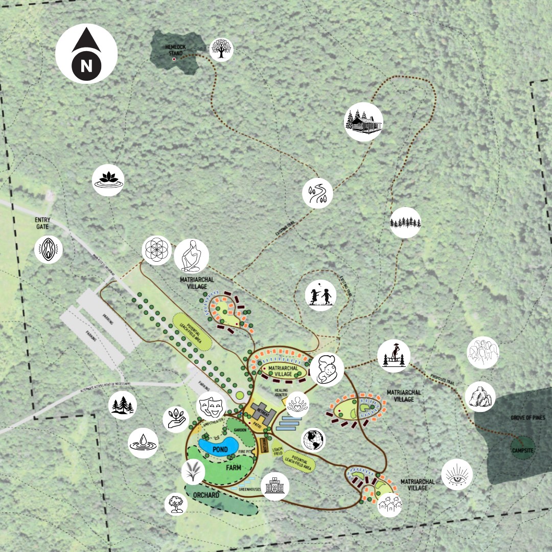 Aerial plan of the Restore Forward land showing the named spaces.